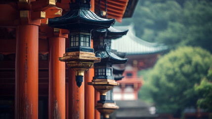 Japanese Temple Lanterns Aligned along Vibrant Corridor : Generative AI