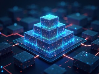 Blockchain technology visualized with digital blocks layered in a pyramid structure on a dark background illuminated by glowing circuits