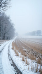 Obraz premium Misty pathway through a frosty field in early spring with a tranquil atmosphere 