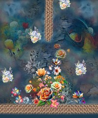 Digital Pakistani Design background with colorful objects and flowers Kurti