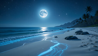 Full moon over tropical beach at night, bioluminescent waves.