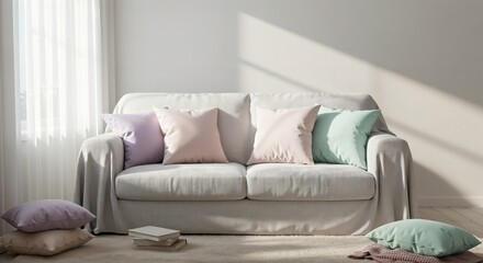 Cozy minimalist living room with soft pastel cushions and natural light