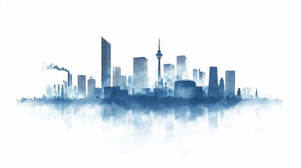 Obraz premium Virtual city Silhouette including university, factory and governmental house, white background, light Blue 