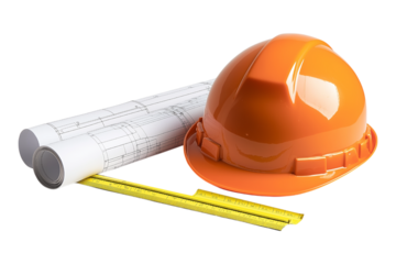 construction helmet and blueprints