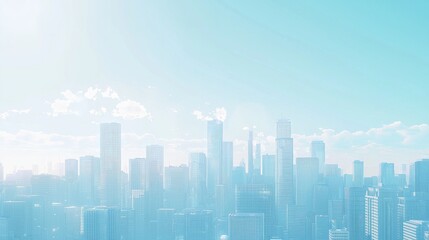 A clean, modern business cityscape with tall glass buildings, soft blue tones, professional atmosphere, under a bright clear sky, minimalistic and trustworthy vibe 