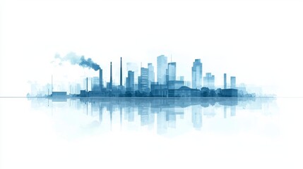 Fototapeta premium Virtual city Silhouette including university, factory and governmental house, white background, light Blue 