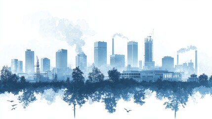 Fototapeta premium Virtual city Silhouette including university, factory and governmental house, white background, light Blue 