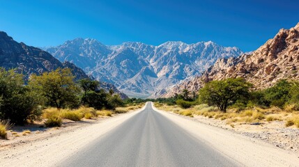 Fototapeta premium Desert highway leads to majestic mountains under a clear sky. Travel, landscape photography