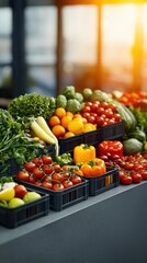 Vibrant fresh produce market scene city center wide shot sunlit environment inviting ambiance