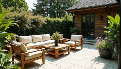 Elegant outdoor living space with wooden furniture in a luxurious estate garden
