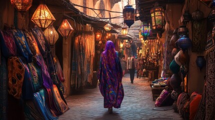Obraz premium A woman wearing a vibrant abaya walking through an alleyway lined with lanterns and colorful textiles