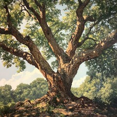 Obraz premium Majestic Oak Tree in Summer Sunlight: A Serene Landscape