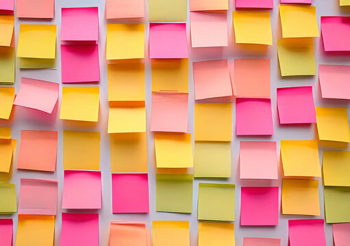 Viele bunte Klebezettel kleben an einer Wand