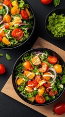 Vibrant fresh salads with seasonal ingredients wooden surface top-down view morning light professional food