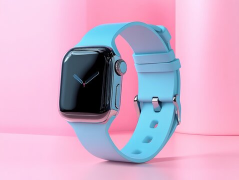 A sleek blue smartwatch with a vibrant display stands out against a soft pink background, creating a modern and stylish contrast