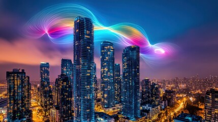 Obraz premium Night city skyline, glowing towers, vibrant energy trails, urban scene