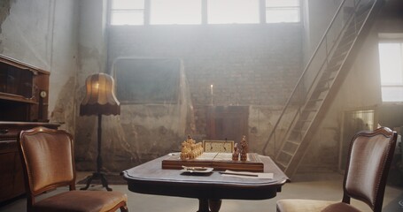 Vintage Chess Setup in a Rustic Room