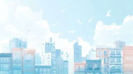 Obraz premium A light and airy background featuring urban building thick outlined in glowing white against a soft sky-blue backdrop