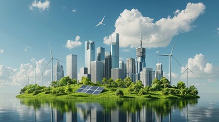 Obraz premium A clean, modern image of a modern city skyline powered by renewable energy sources like wind turbines and solar panels integrated into the urban environment