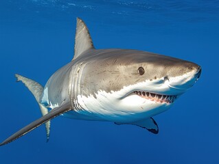 Obraz premium Great white shark head close-up displaying powerful jaws and keen eyes in oceanic habitat