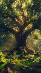 Fototapeta premium Ancient Tree in a Magical Forest: Sunlight Through Leaves