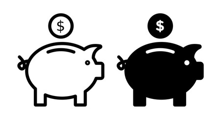 Piggy bank icons in black and blue set