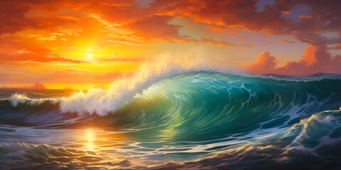 Obraz premium Scenic Sunrise: Sun Rising Horizontally Over the Ocean with Waves and Cloudy Sky in the Background