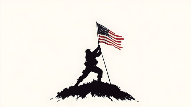 A minimalist silhouette of a U.S. Marine raising the American flag at Iwo Jima. Marine flag raising vector.


