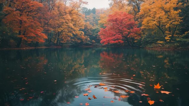 Autumn trees reflected in tranquil lake with falling leaves and ripples