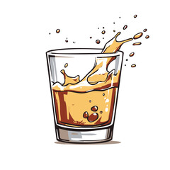 Amber liquid splashing in short glass. Vector Image