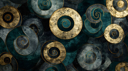 An abstract pattern with cascading spirals in metallic gold, muted teal, and soft white, forming a sophisticated and harmonious visual 