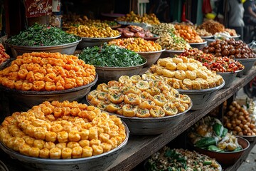 Obraz premium A colorful array of dishes and ingredients in bowls and baskets is displayed at a lively Asian street food market stall