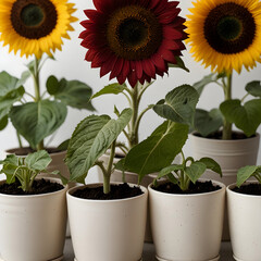 Obraz premium Three pots of sunflower plants on white