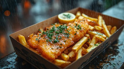 London food truck offering fish and chips in the rain with classic red buses and distinctive phone booths in the backdrop