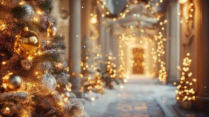 festive Christmas scene with snow-covered decorations and glowing lights, high detail, warm and inviting, elegant and magical, rich and luxurious holiday atmosphere