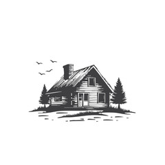 Hand Drawn Rustic Cabin Illustration. Vector Image