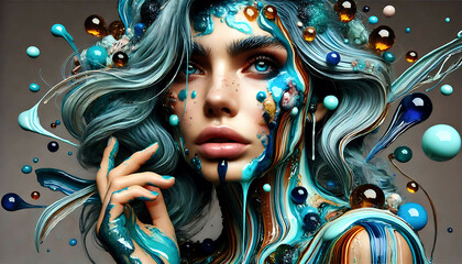 A surreal portrait of a woman with vibrant liquid art flowing through her hair, featuring colorful swirls, drops, and abstract textures.