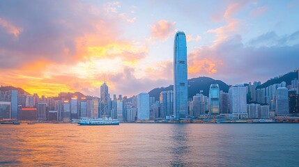 Fototapeta premium Hong Kong skyline at sunset over harbor with ferry