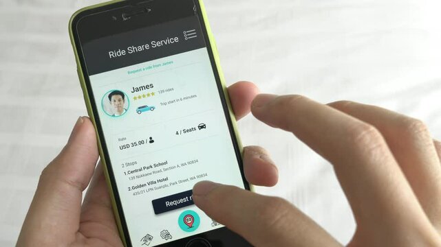 A close-up of a smartphone showing a ride-sharing service app interface. The user is selecting a ride option, highlighting modern transportation solutions and digital services.