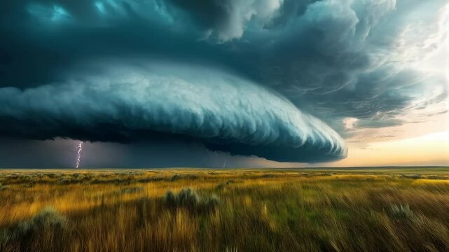 Dramatic supercell storm unfolds over open field with striking lightning display