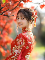 Portrait of a Young Woman in Traditional Chinese Attire Amid Vibrant Autumn Scenery : Generative AI