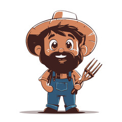 Obraz premium Smiling Cartoon Farmer with Pitchfork Illustration. Vector Image
