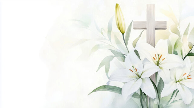 Elegant white lily flowers and wooden cross on soft watercolor background