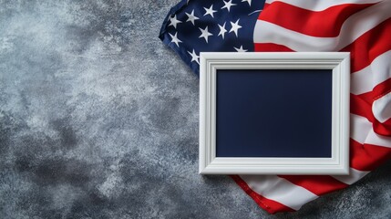 festive flat lay with American flag and white frame, high detail, patriotic and elegant, Independence Day or Memorial Day theme, warm and inviting