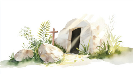 Watercolor depiction of an empty tomb with sunlight and greenery