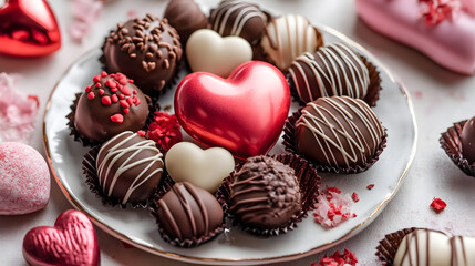 Luxurious heart shaped chocolate truffles centerpiece for elegant Valentine's celebration : Generative AI