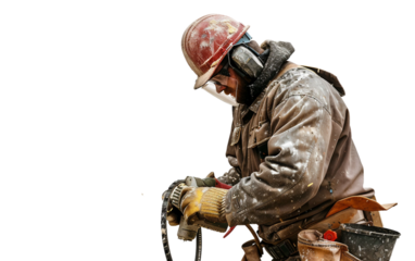 Worker operating a belt sander for wood or surface preparation at a construction site Isolated on Transparent background PNG