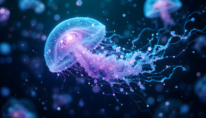 Naklejka premium Glowing jellyfish underwater, digital art.