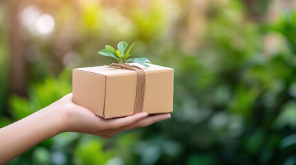 Hand Holding Eco-Friendly Packaging Box with Green Plant on Top Against Soft Neutral Background in a Nature Setting