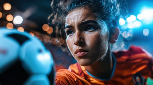 An intense portrayal of a female soccer player concentrating on her next move, showcasing determination and athleticism amid the vibrant atmosphere of the stadium.